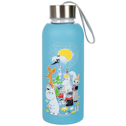 Vattenflaska av glas med blått Mumin-motiv